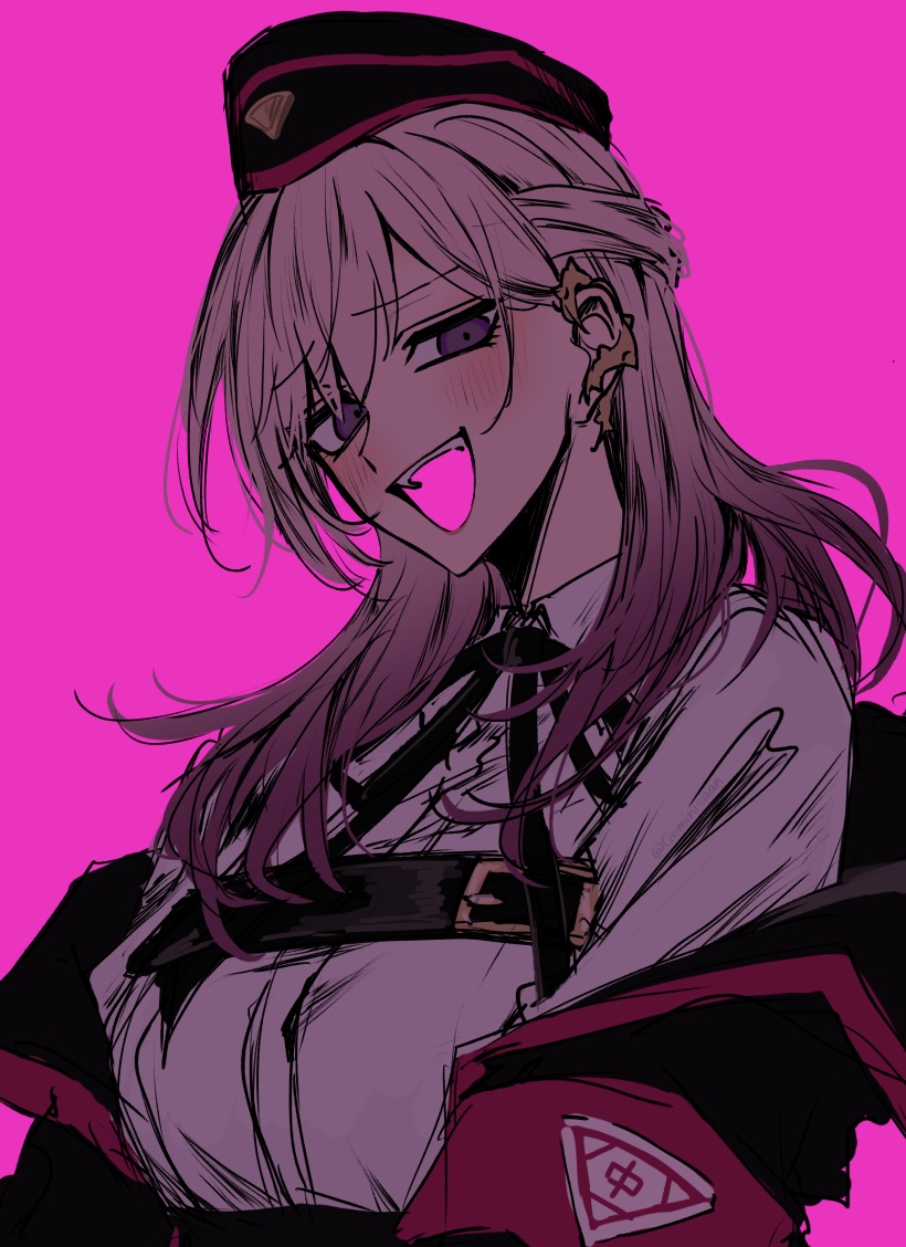 hypnosis mic, 1girl, :d, armband, asymmetrical bangs, black jacket, black ribbon, blush, breasts, chest belt, collared shirt, earrings, emblem, empty eyes, garrison cap, geminisaan, gold earrings, gradient hair, grin, half updo, hat, jacket, jewelry, keitoin honobono, kotonohatoh uniform, looking down, medium breasts, medium hair, multicolored hair, neck ribbon, off shoulder, open mouth, parted bangs, pink armband, pink background, pink hair, pink trim, purple eyes, raised inner eyebrows, ribbon, saturated, shirt, shirt tucked in, simple background, sketch, smile, solo, upper body, white shirt