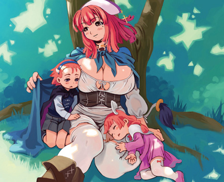 ryoji (nomura ryouji), prier, la pucelle, lowres, third-party edit, 1boy, 2girls, age difference, bell, boots, breasts, child, cleavage, hat, huge breasts, mole, mole under eye, multiple girls, red eyes, red hair, sleeping, thighhighs