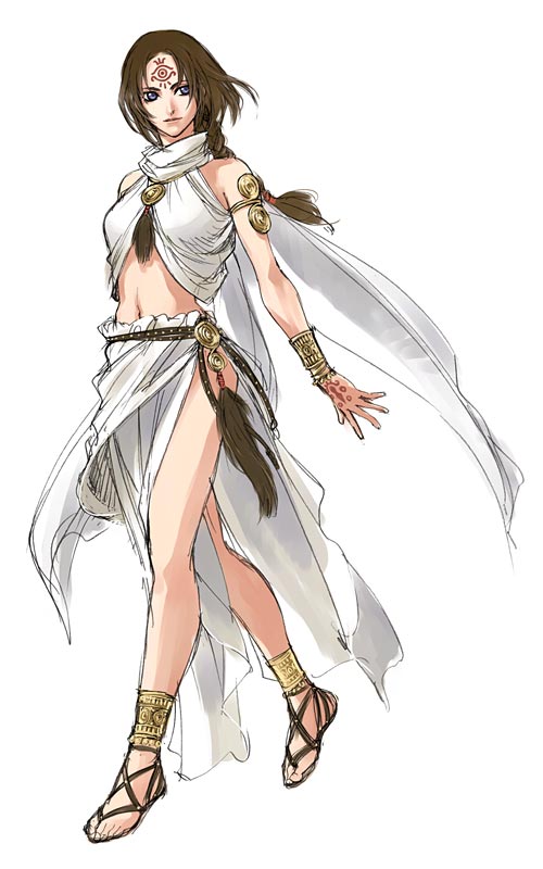 mikisato, bad id, bad pixiv id, brown hair, dress, facial mark, forehead mark, legs, long hair, midriff, sandals, solo