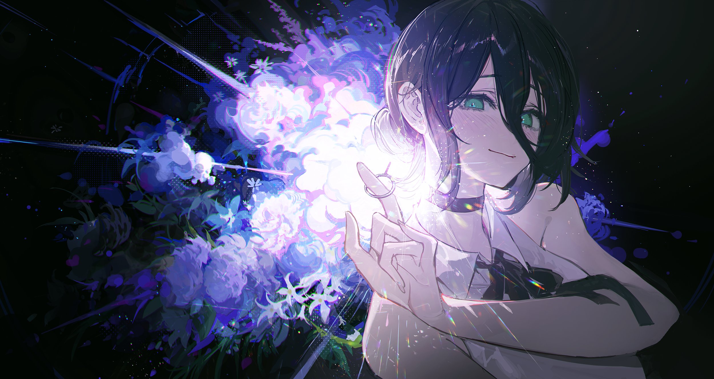 kuroduki, reze (chainsaw man), chainsaw man, highres, 1girl, black choker, black hair, black ribbon, choker, closed mouth, collared shirt, flower, green eyes, hair between eyes, imminent explosion, looking at viewer, neck ribbon, purple flower, ribbon, shirt, solo, white shirt