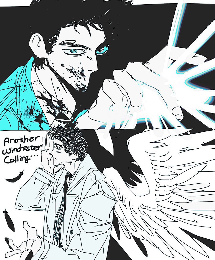 ssamesum, castiel, supernatural (tv series), 1boy, angel, angel wings, black hair, black necktie, blood, blood on face, coat, english text, facial hair, falling feathers, feathered wings, feathers, glowing, glowing eyes, glowing hand, hand on own face, magic, male focus, necktie, partially shaded face, short hair, solo, stubble, trench coat, upper body, white wings, wings