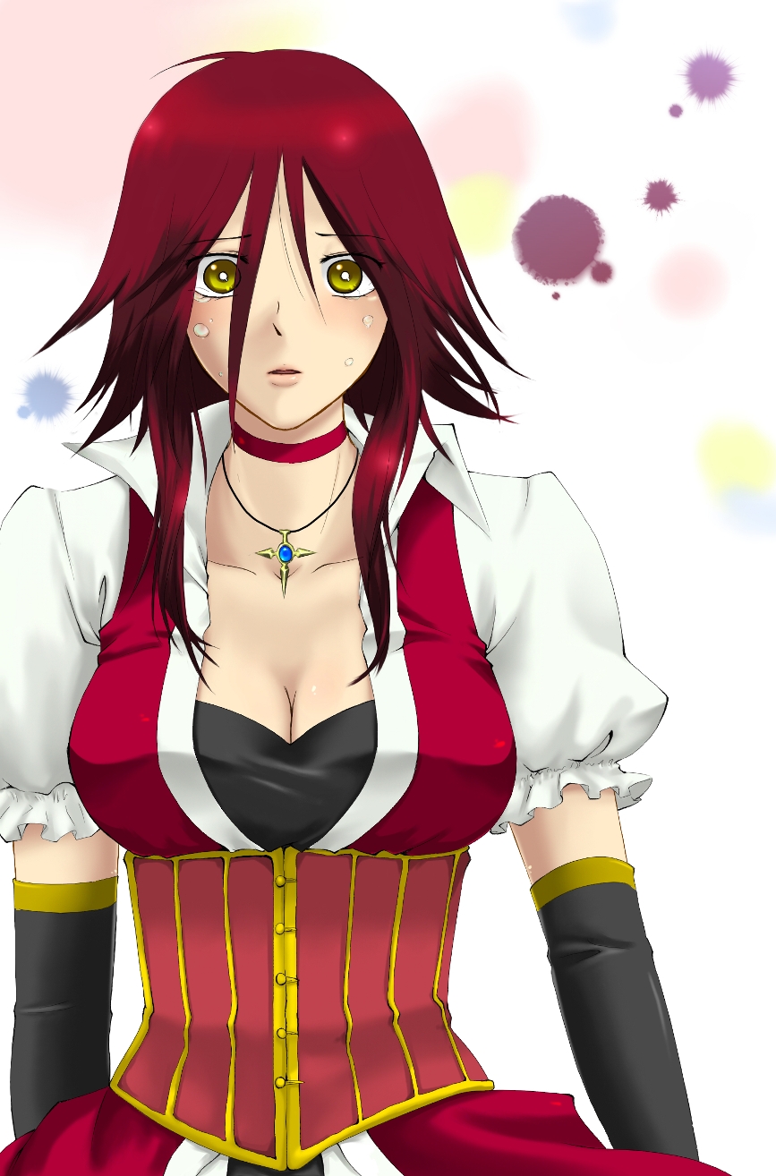 mikimura shika, unisonus, izayoi aki, yu-gi-oh!, yu-gi-oh! 5d's, bad id, bad pixiv id, highres, 00s, 1girl, breasts, choker, cleavage, corset, elbow gloves, female focus, gloves, jewelry, large breasts, long hair, necklace, red hair, solo, tears, yellow eyes