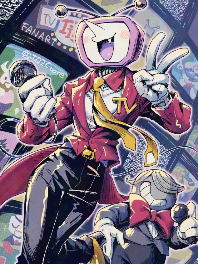 iq2coore, ant tenna, green pippins, small mike (deltarune), deltarune, utdr (toby fox), 2boys, black jacket, black pants, blush, bow, bowtie, coat, coattails, facing viewer, fang, gloves, grin, holding, holding microphone, jacket, long nose, male focus, microphone, multiple boys, necktie, no eyes, object head, open mouth, outline, pants, pink outline, pippins (deltarune), pointy nose, red bow, red bowtie, red coat, smile, standing, television, v, white gloves, yellow necktie