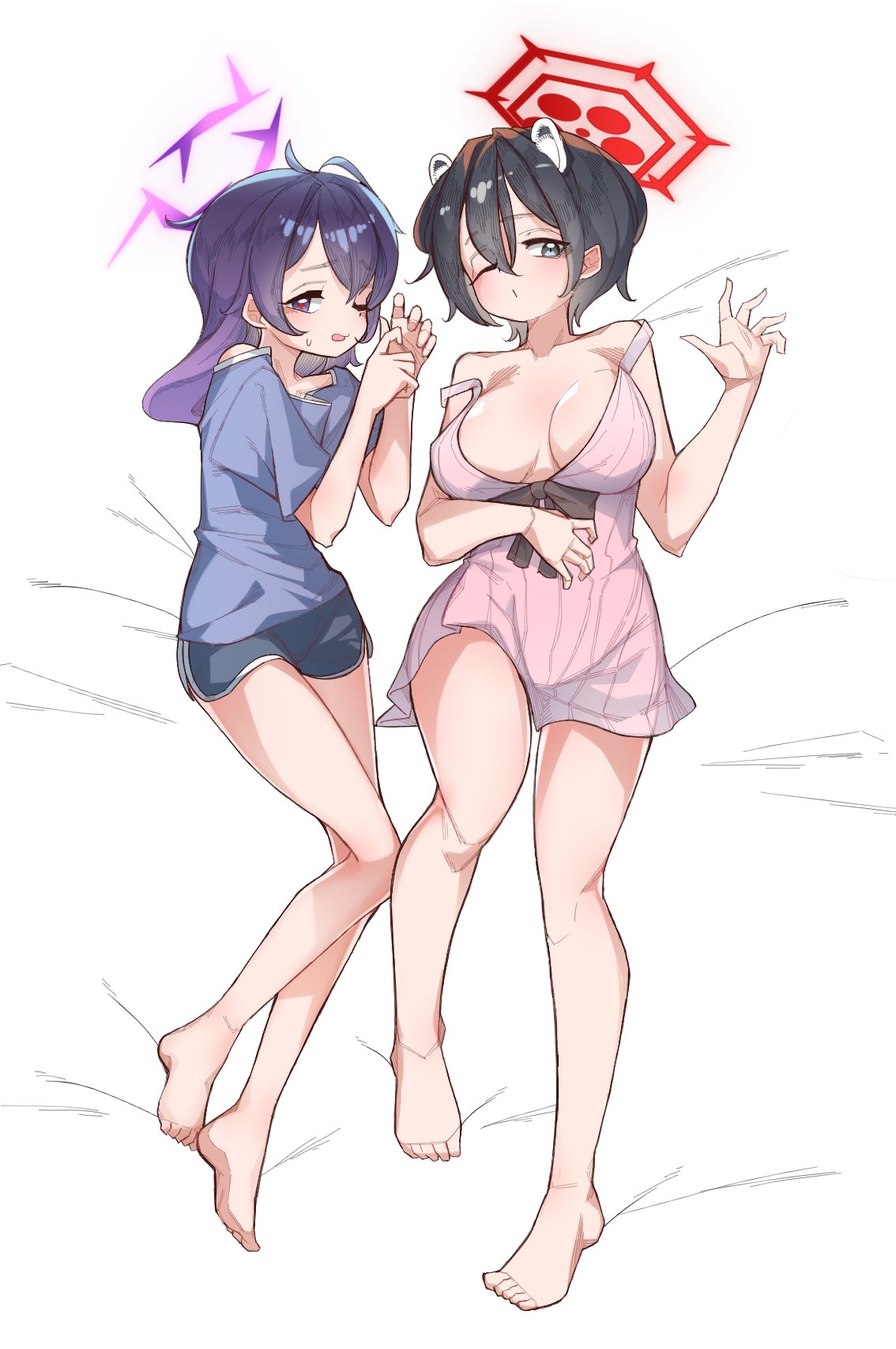 dthmns, haruka (blue archive), tsubaki (blue archive), blue archive, highres, 2girls, animal ears, bed sheet, black eyes, black hair, blue shirt, breasts, from above, halo, large breasts, multiple girls, nightgown, off shoulder, one eye closed, purple eyes, purple hair, shirt, short hair, shorts