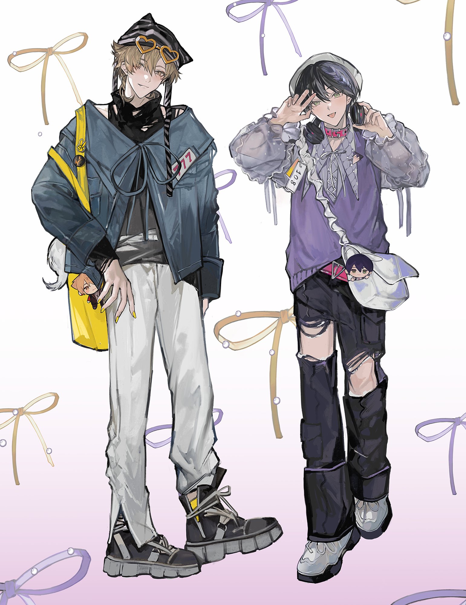tsuta1218, fushimi gaku, kenmochi touya, nijisanji, commentary request, highres, 2boys, adjusting headphones, alternate costume, bag, belt collar, black hair, black pants, black shoes, blush, brown eyes, brown hair, character charm, charm (object), collar, eyewear on head, fang, full body, grey hat, hat, headphones, headphones around neck, heart, heart-shaped eyewear, horizontal-striped headwear, looking at viewer, male focus, mole, mole under eye, multiple boys, nail polish, pants, patterned background, shoes, shoulder bag, sneakers, tongue, tongue out, torn clothes, torn pants, virtual youtuber, white pants, white shoes, yellow nails
