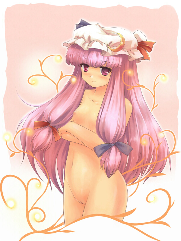 tdk, patchouli knowledge, touhou, bad id, bad pixiv id, 1girl, breasts, cleft of venus, cowboy shot, female focus, gradient background, hat, long hair, medium breasts, nipples, nude, purple hair, pussy, ribbon, solo, uncensored, white background
