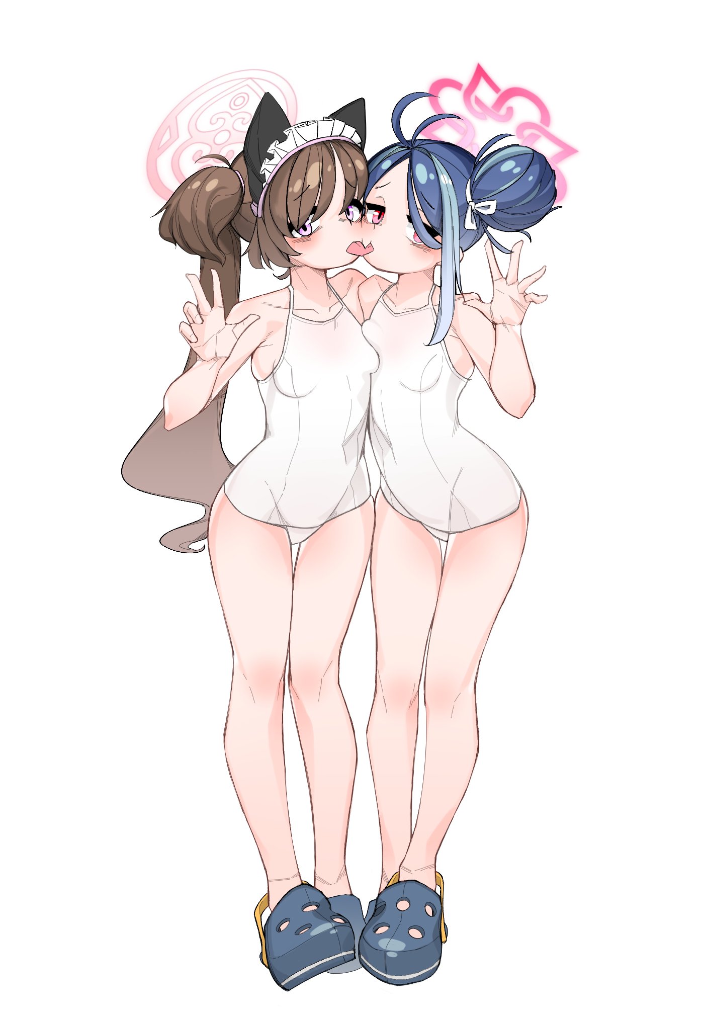 dthmns, shizuko (blue archive), blue archive, highres, ahoge, blue hair, breasts, brown hair, crocs, full body, hair bun, halo, kiss, looking at viewer, multicolored hair, one-piece swimsuit, pink eyes, side-by-side, simple background, skin tight, small breasts, swimsuit, twintails, two-tone hair, v, white background, white one-piece swimsuit