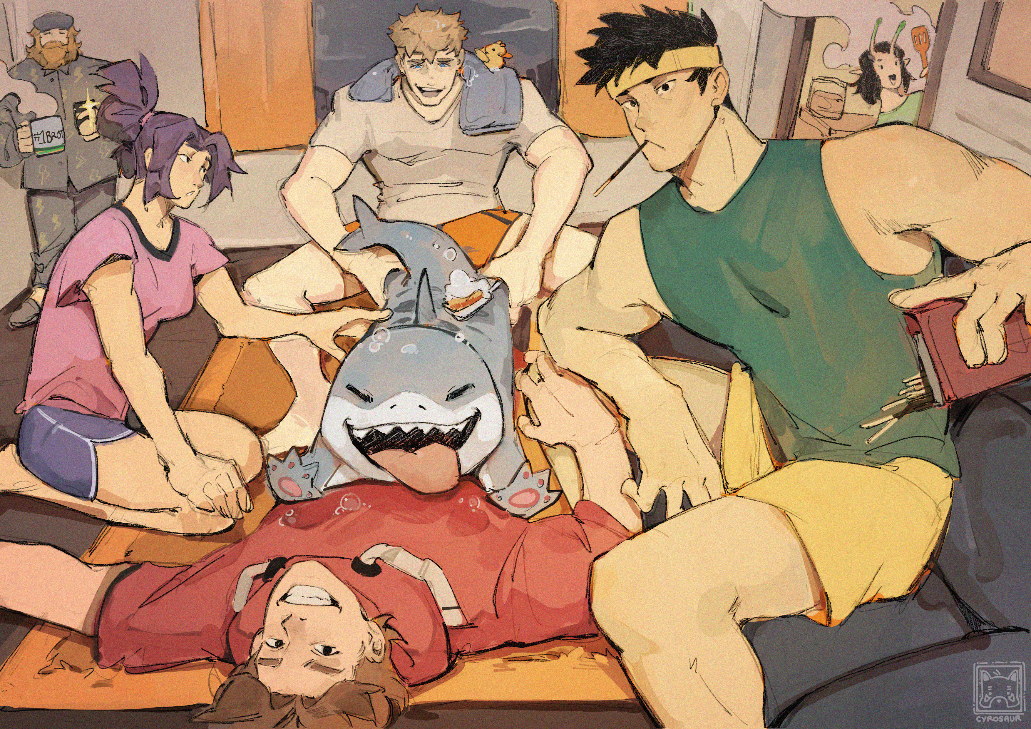 cyrosaur, jeff (marvel), mantis (marvel), peter parker, peter quill, psylocke, psylocke (sai), thor (marvel), avengers (series), guardians of the galaxy, marvel, marvel rivals, spider-man (series), x-men, absurdres, highres, 2girls, alien, food, multiple boys, multiple girls, ponytail, shirt, smile, towel