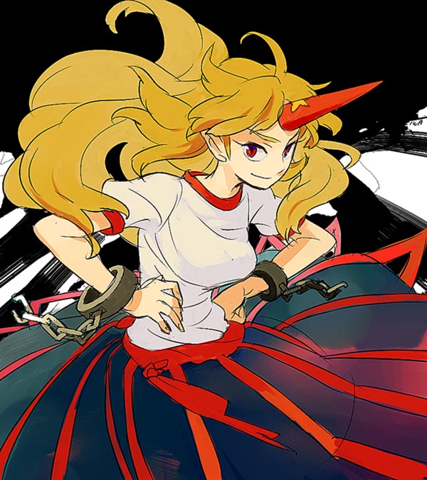 iwamoto zerogo, hoshiguma yuugi, touhou, 1girl, blonde hair, breasts, chain, female focus, hands on own hips, horns, long hair, red eyes, single horn, solo