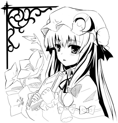 gotyou, patchouli knowledge, touhou, lowres, 1girl, book, female focus, flower, greyscale, hat, long hair, monochrome, plant, ribbon, solo, upper body, white background