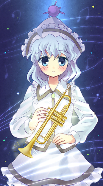 kuguri oimo, merlin prismriver, touhou, 1girl, blue eyes, blue hair, female focus, hat, instrument, matching hair/eyes, solo, trumpet