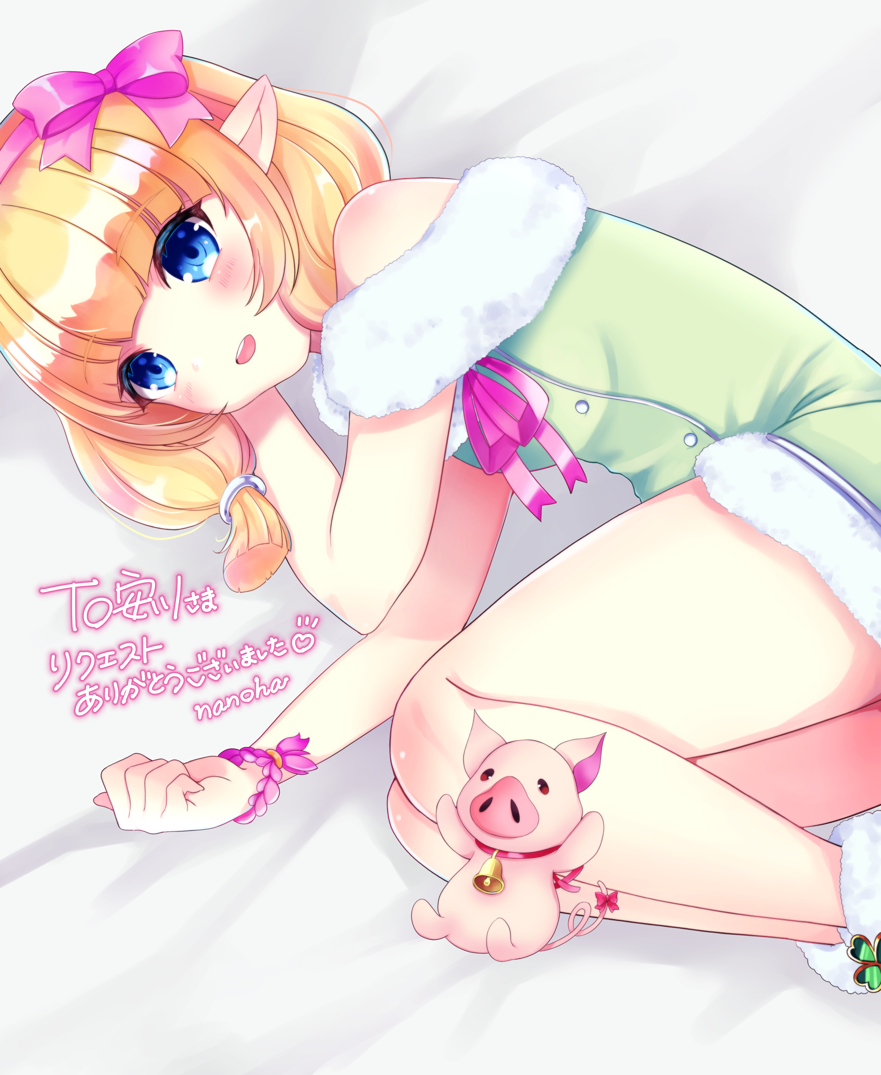 nanoha wani, fam valhoef, iris mysteria!, absurdres, highres, 1girl, blonde hair, blue eyes, boots, dress, fur boots, fur dress, green dress, hairband, lying, neck ribbon, off-shoulder dress, off shoulder, official alternate costume, on bed, on side, open mouth, pig, pink hairband, pink ribbon, pointy ears, ribbon, ribbon-trimmed hairband, wristband