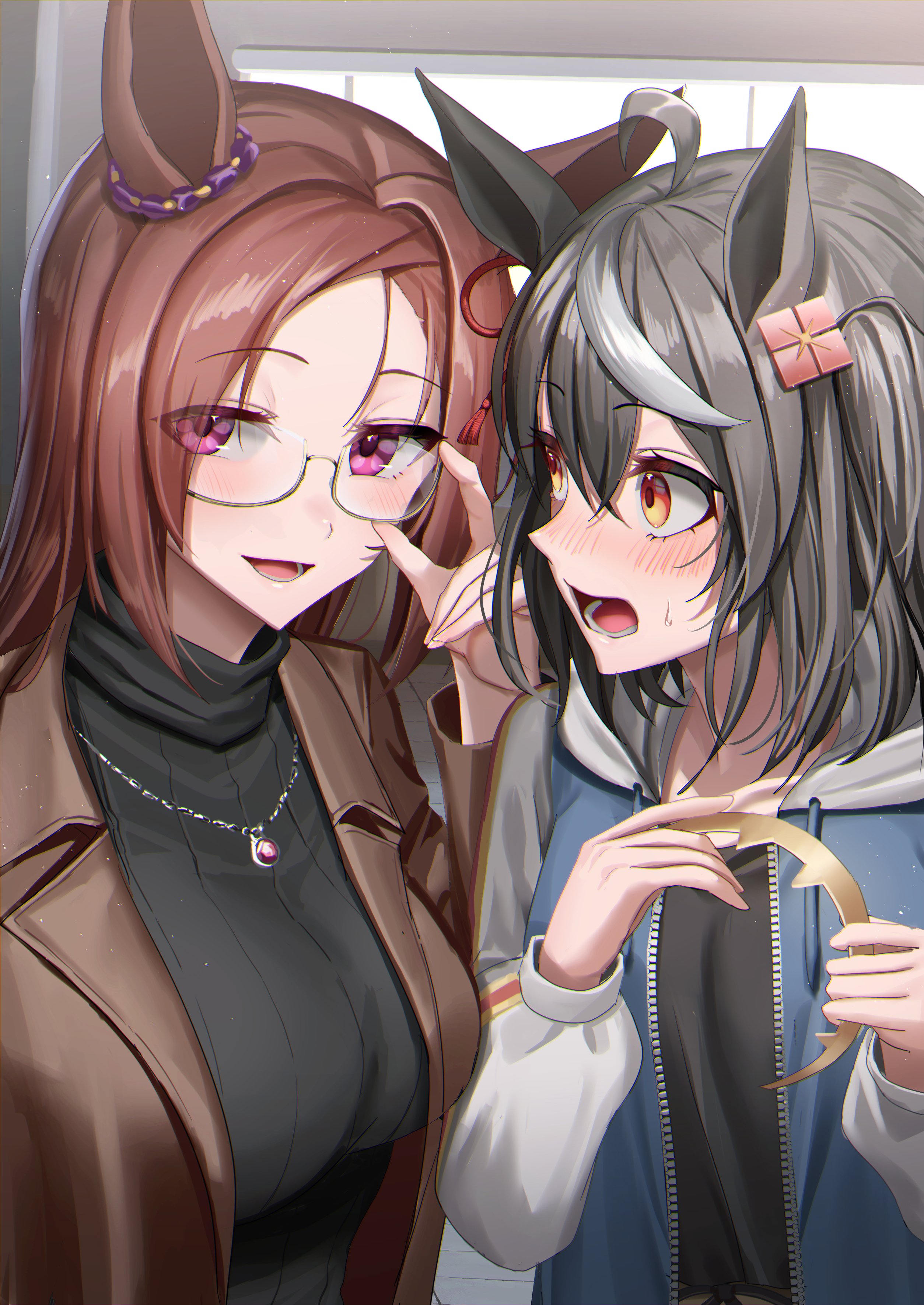 ooeyama, kitasan black (umamusume), sakura bakushin o (umamusume), umamusume, highres, 2girls, ahoge, animal ears, black hair, black shirt, black sweater, blue hoodie, blush, breasts, brown hair, brown jacket, collarbone, ear ornament, female focus, glasses, hair ornament, hairclip, hood, hooded jacket, hoodie, horse ears, horse girl, jacket, jewelry, large breasts, long hair, looking at viewer, lower teeth only, medium hair, multicolored hair, multiple girls, necklace, open mouth, pink eyes, red eyes, shirt, streaked hair, sweat, sweatdrop, sweater, symbol-shaped pupils, symbol in eye, teeth, tongue, turtleneck, turtleneck sweater, two-tone hair, white streaks