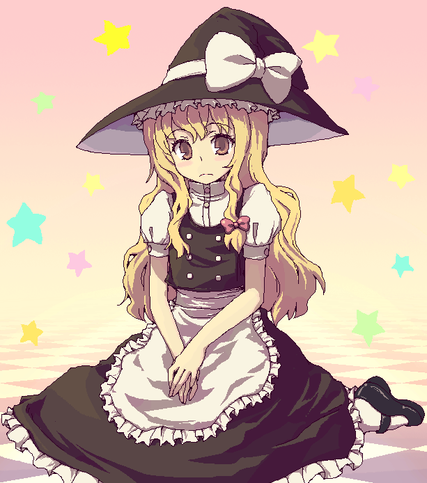 kimarin, kirisame marisa, touhou, 1girl, blonde hair, blush, braid, brown eyes, dress, female focus, gradient background, hat, kneeling, long hair, own hands together, ribbon, single braid, socks, solo, white socks, witch, witch hat