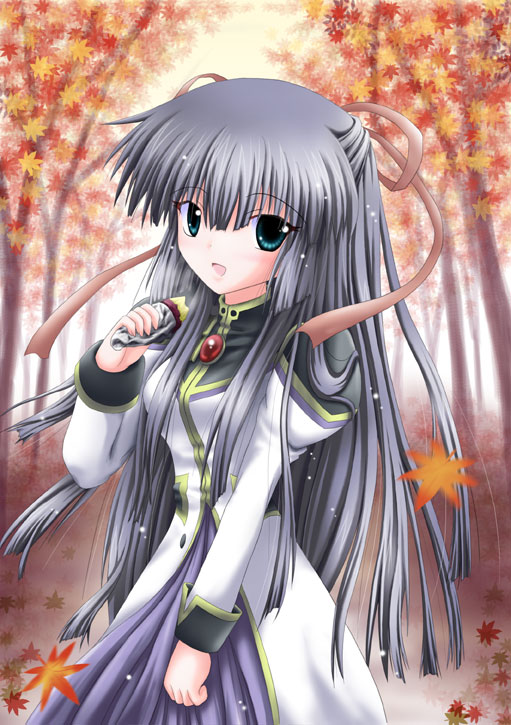 karasuma chitose, galaxy angel, non-web source, 00s, 1girl, autumn, black hair, female focus, food, green eyes, half updo, leaf, long hair, military, military uniform, solo, sweet potato