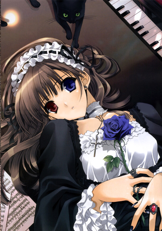 suzuhira hiro, non-web source, third-party edit, 1girl, black nails, blue flower, blue rose, brown hair, cat, choker, female focus, flower, frills, gothic lolita, grand piano, hair spread out, headdress, heterochromia, instrument, jewelry, keyboard, lolita fashion, long hair, lying, nail art, nail polish, piano, ring, rose, sheet music, solo