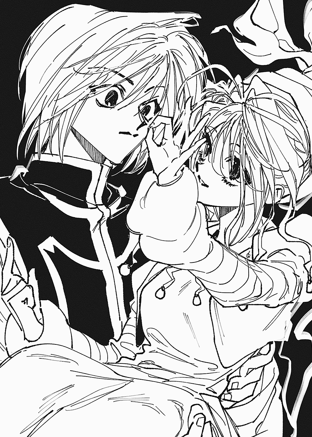 ssamesum, kurapika, neon nostrade, hunter x hunter, highres, 1boy, 1girl, ahoge, black background, breasts, carrying, cropped vest, hair between eyes, hair bun, hair ribbon, long hair, medium breasts, medium hair, ok sign, parted lips, princess carry, ribbon, smile, upper body, vest