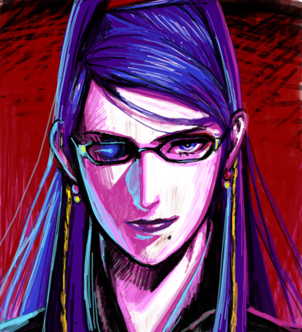 kuren, bayonetta, bayonetta (series), bayonetta 1, bad id, bad pixiv id, 1girl, female focus, glasses, mole, mole under mouth, portrait, purple eyes, purple hair, solo