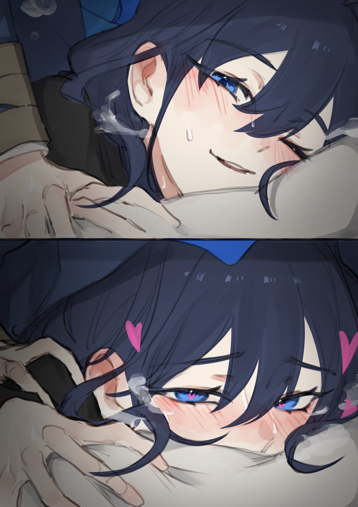 hunk 404, ouro kronii, ouro kronii (casual), hololive, hololive english, commentary, highres, symbol-only commentary, 2girls, blue eyes, blue hair, blush, breath, double-parted bangs, hair between eyes, heart, heart-shaped pupils, implied sex, light smile, looking at viewer, multiple girls, official alternate costume, one eye closed, parted lips, selfcest, solo focus, sweat, symbol-shaped pupils, virtual youtuber