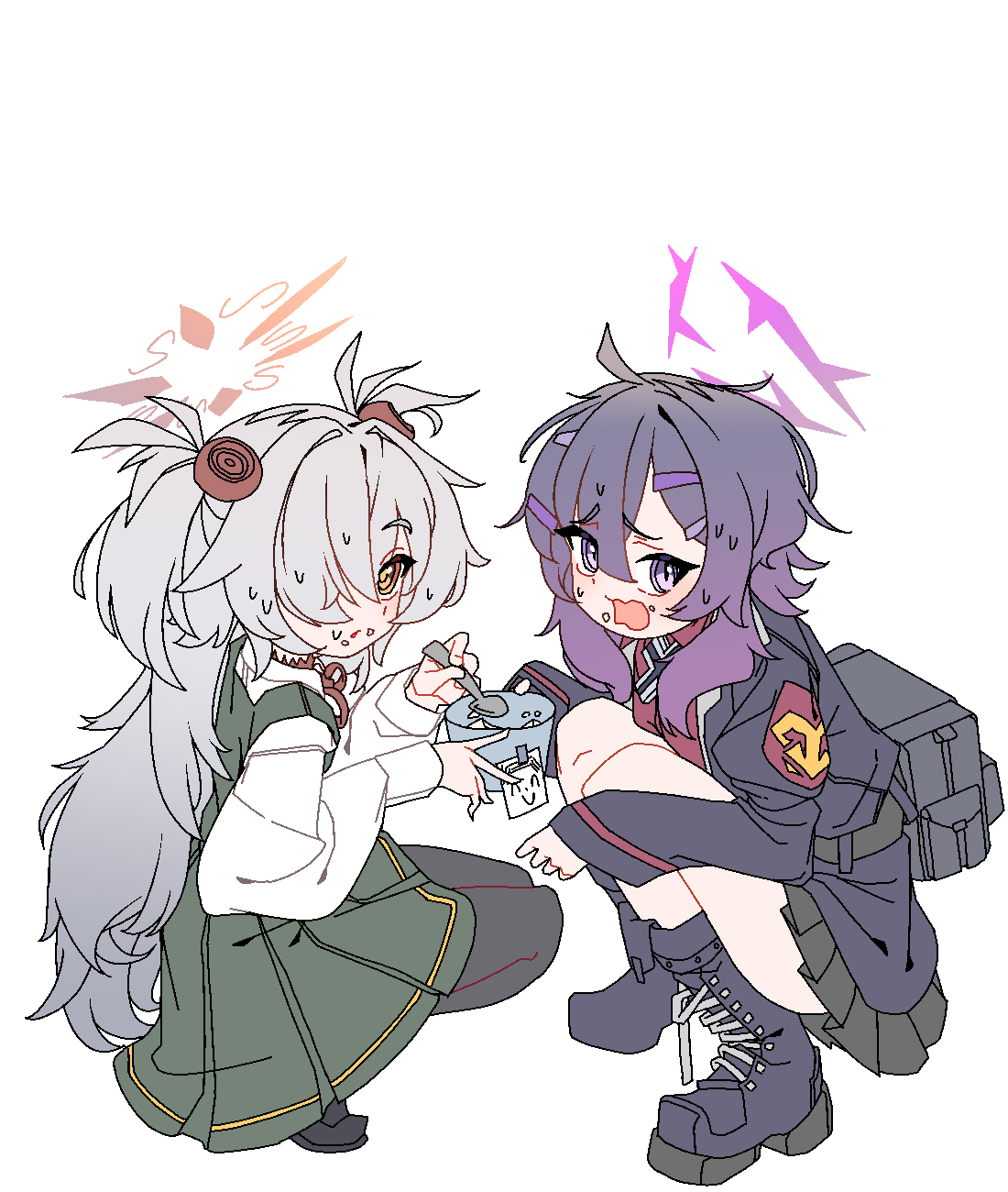 dthmns, haruka (blue archive), kanoe (blue archive), blue archive, highres, 2girls, backpack, bag, boots, bowl, grey hair, hair ornament, halo, holding, holding spoon, long hair, multiple girls, nervous, nervous sweating, purple eyes, purple hair, school uniform, simple background, skirt, spoon, squatting, sweat, sweatdrop, white background