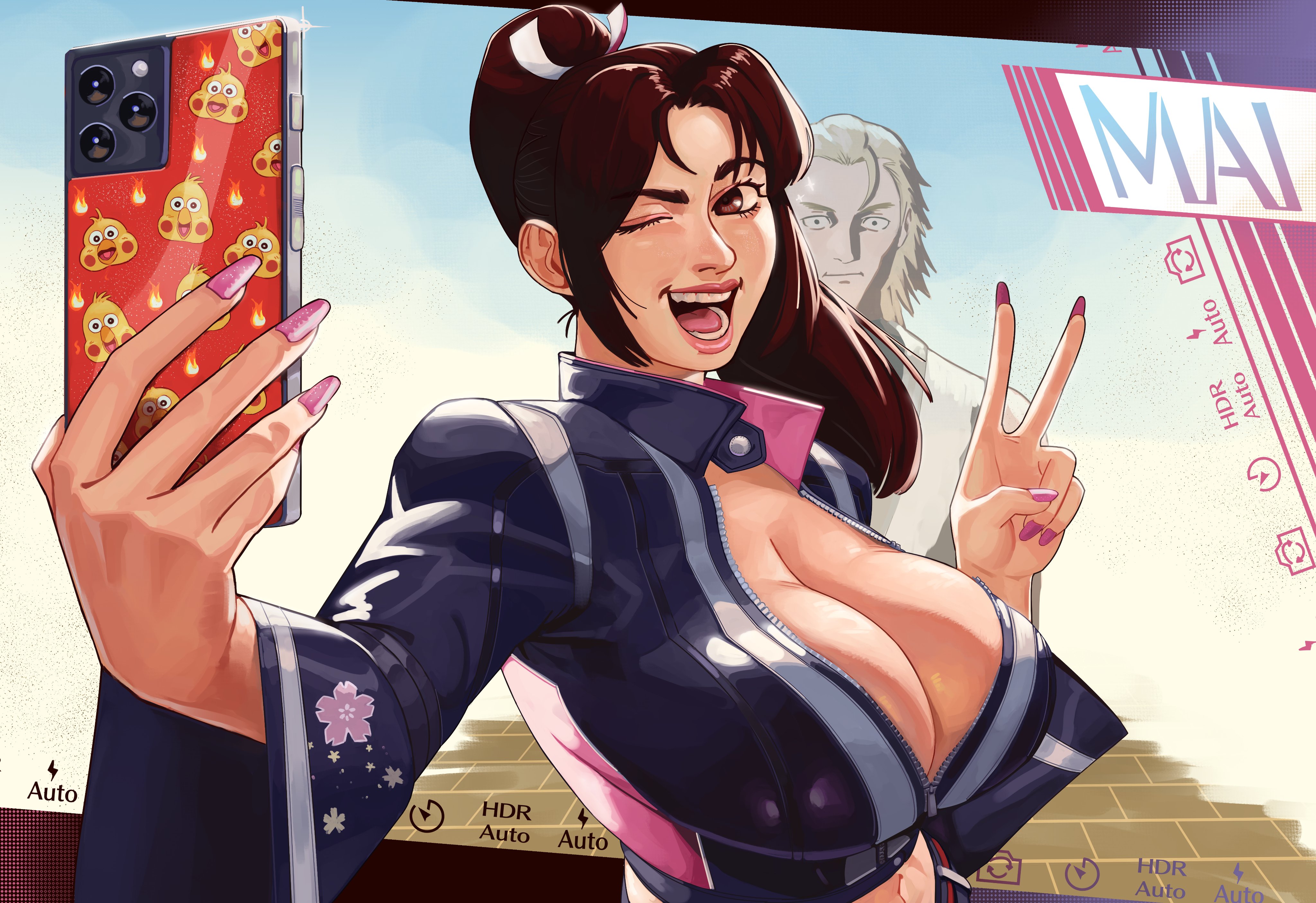 jumboiiii, andy bogard, shiranui mai, fatal fury, fatal fury: city of the wolves, snk, street fighter, street fighter 6, the king of fighters, absurdres, commentary, english commentary, highres, 1boy, 1girl, blonde hair, breasts, brown eyes, brown hair, cellphone, character name, cleavage, closed mouth, cropped jacket, high ponytail, holding, holding phone, large breasts, looking at phone, navel, open mouth, partially unzipped, phone, pink nails, ponytail, smartphone, v, wide sleeves, zipper, zipper pull tab