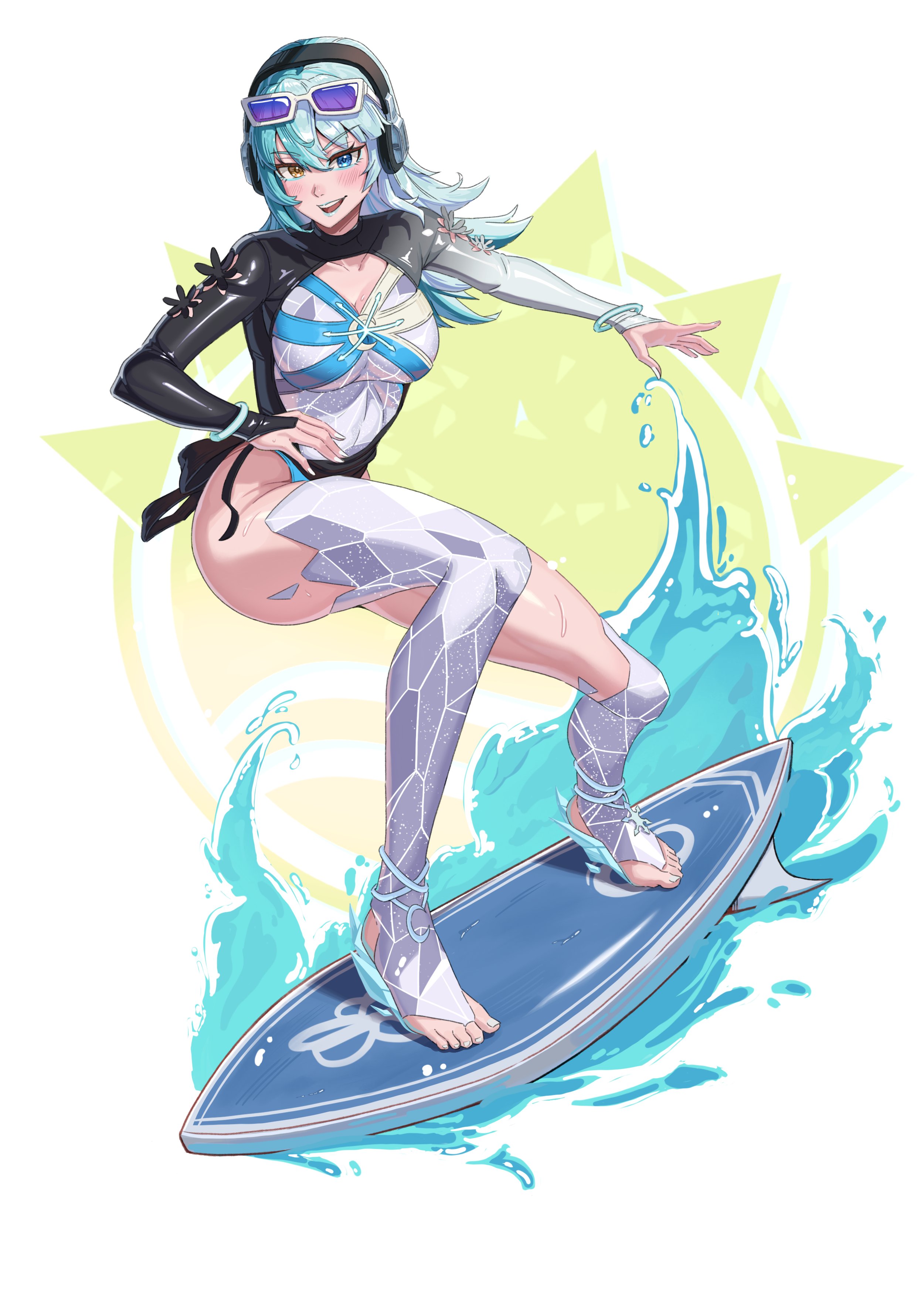 emmettart, luna snow, luna snow (cool summer), marvel, marvel rivals, absurdres, commission, highres, 1girl, blue eyes, blue hair, breasts, cleavage, eyewear on head, headphones, heterochromia, k-pop, large breasts, long hair, looking at viewer, multicolored hair, official alternate costume, one-piece swimsuit, smile, split-color hair, sunglasses, surfboard, swimsuit, two-tone hair, water, white hair