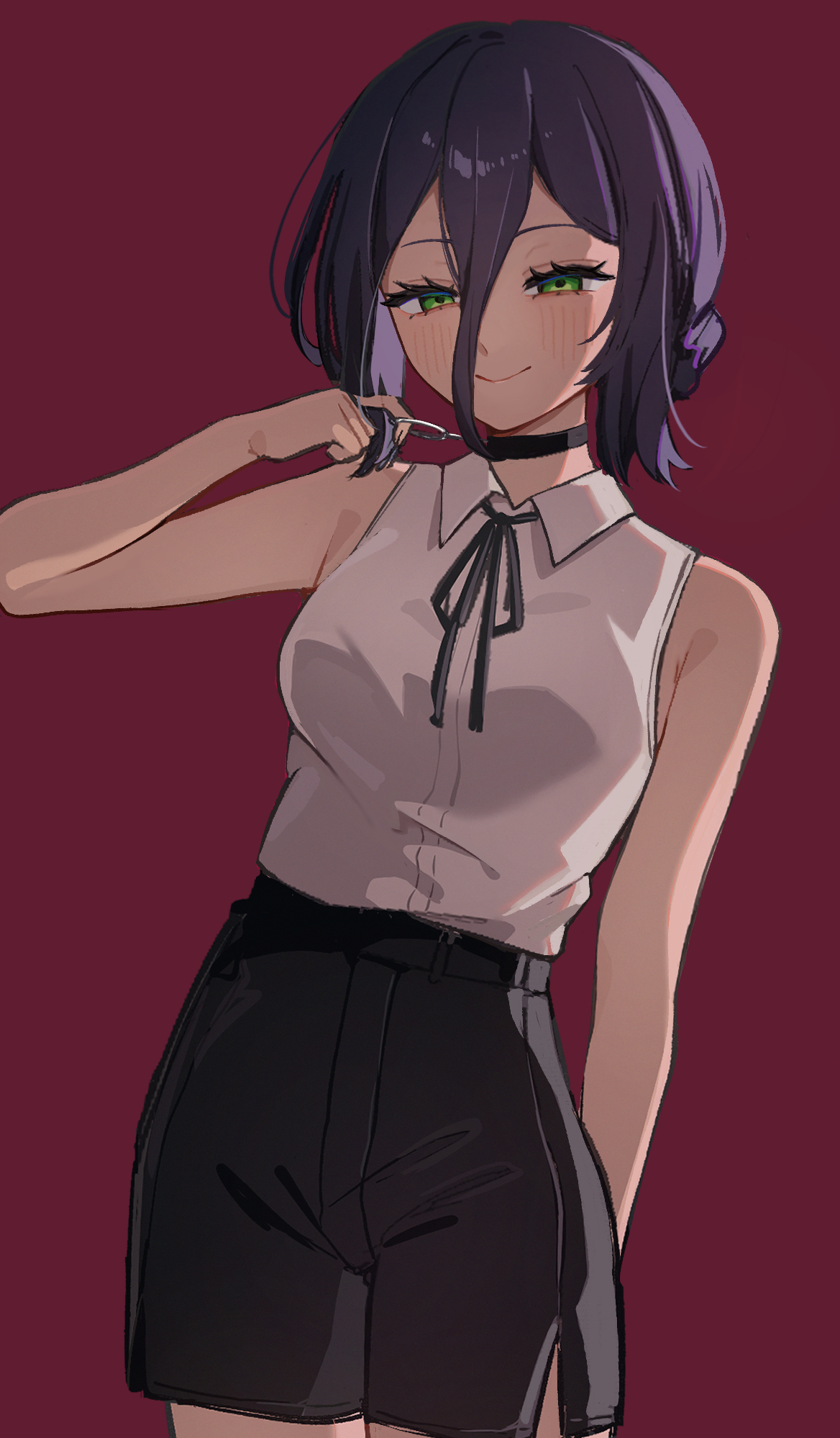 mui (tqxg4), reze (chainsaw man), chainsaw man, highres, 1girl, armpit crease, black choker, black ribbon, black shorts, blush, breasts, choker, closed mouth, cowboy shot, dress, green eyes, grenade pin, hair between eyes, hair bun, looking at viewer, neck ribbon, purple hair, red background, ribbon, shirt, shirt tucked in, shorts, simple background, single side bun, sleeveless, sleeveless dress, small breasts, smile, solo, white shirt