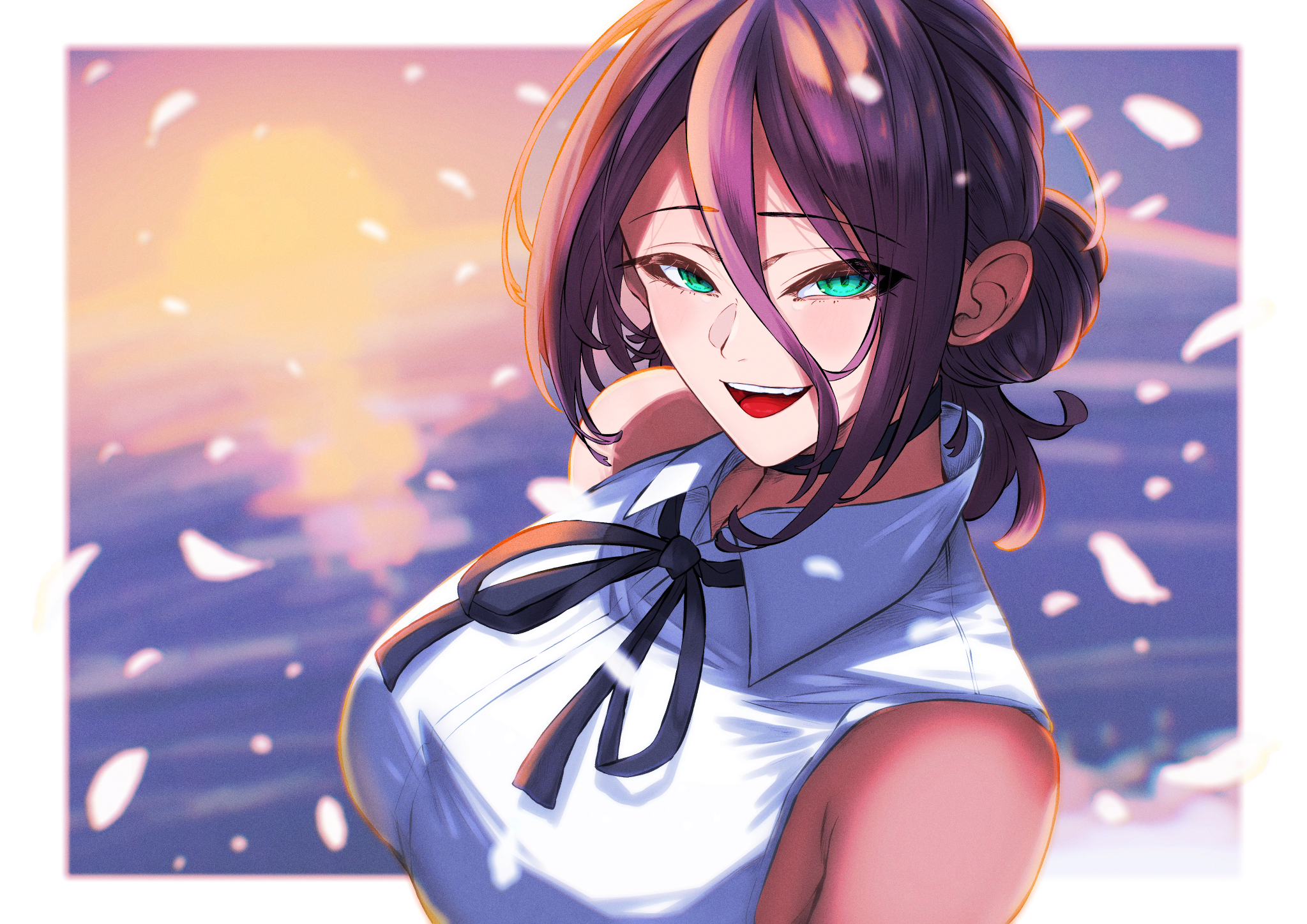 amazora cakel, reze (chainsaw man), chainsaw man, commentary request, highres, 1girl, black choker, black ribbon, breasts, choker, collarbone, falling petals, green eyes, hair between eyes, hair bun, huge breasts, looking at viewer, neck ribbon, open mouth, petals, purple hair, ribbon, solo, teeth, upper teeth only
