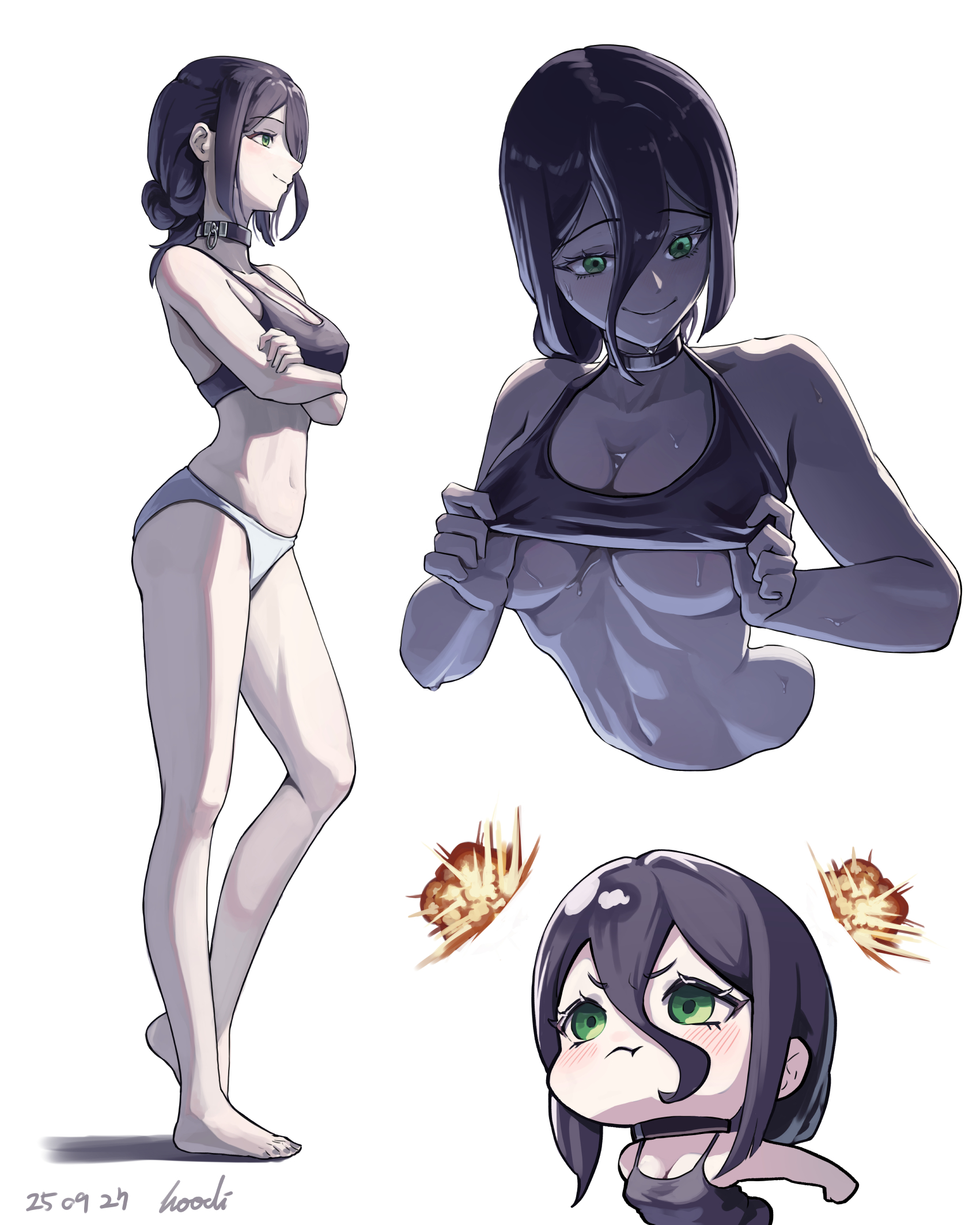 95hoody, reze (chainsaw man), chainsaw man, highres, 1girl, artist name, black choker, black hair, black tank top, breasts, chibi, choker, crop top, crossed arms, dated, explosion, green eyes, grey panties, large breasts, navel, panties, simple background, standing, tank top, underwear, white background