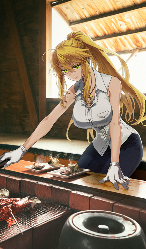 ishida akira, artoria pendragon (fate), artoria pendragon (swimsuit ruler) (fate), fate/grand order, fate (series), commentary request, game cg, official art, third-party source, 1girl, ahoge, arm support, artoria pendragon (over the same sky) (fate), bare arms, bare shoulders, blonde hair, blue pants, braid, breast pocket, breasts, buttons, closed mouth, colored eyelashes, cooking, day, food, gloves, green eyes, hair between eyes, high ponytail, holding, indoors, jewelry, large breasts, leaning forward, long hair, long sidelocks, looking down, pants, pendant, photo background, pocket, ponytail, ponytail with braided base, shirt, sidelocks, sleeveless, sleeveless shirt, smile, solo, white gloves, wing collar