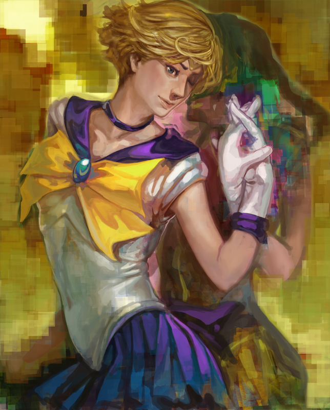 k-bose, kaiou michiru, sailor neptune, sailor uranus, ten'ou haruka, bishoujo senshi sailor moon, 1990s (style), 2girls, blonde hair, blue sailor collar, blue skirt, bow, choker, gloves, holding hands, magical girl, multiple girls, one eye closed, outer senshi, realistic, sailor collar, short hair, skirt, tiara, white gloves, wink, yellow bow