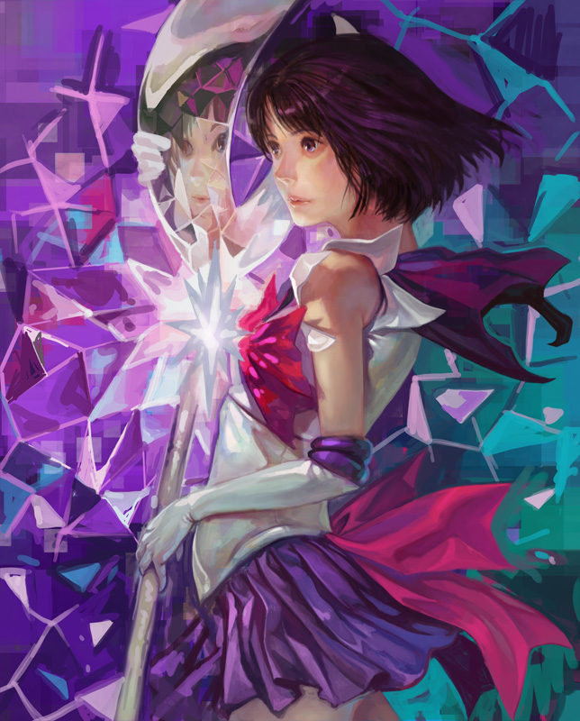 k-bose, sailor saturn, tomoe hotaru, bishoujo senshi sailor moon, source request, 1990s (style), 1girl, bob cut, bow, brooch, elbow gloves, female focus, gloves, holding, holding polearm, holding spear, holding weapon, jewelry, magical girl, polearm, purple eyes, purple hair, purple skirt, realistic, red bow, reflection, retro artstyle, silence glaive, skirt, solo, spear, staff, star brooch, weapon, white gloves