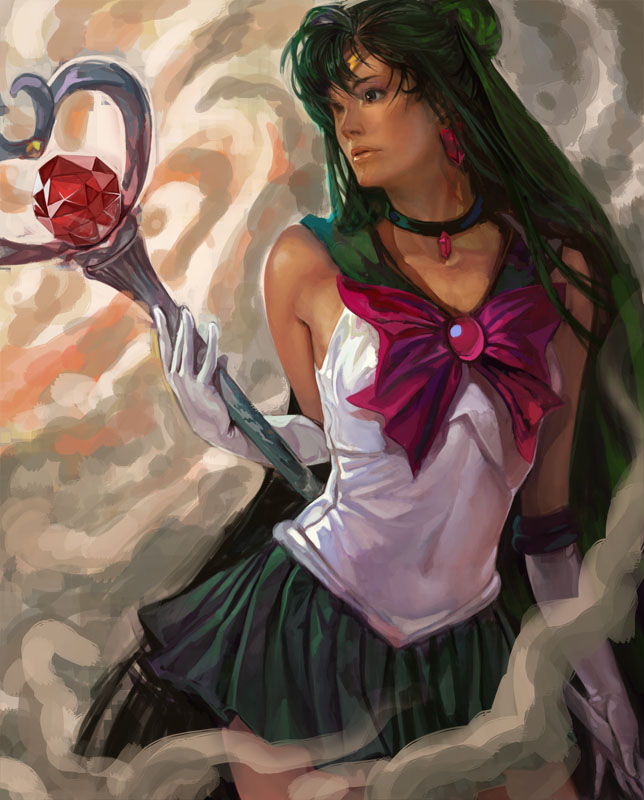 k-bose, meiou setsuna, sailor pluto, bishoujo senshi sailor moon, black neckwear, bad id, bad pixiv id, 1990s (style), 1girl, bow, choker, dark-skinned female, dark skin, earrings, elbow gloves, female focus, garnet rod, gloves, green hair, hair bun, half updo, jewelry, long hair, magical girl, realistic, red bow, retro artstyle, rod, single hair bun, solo, tiara, very long hair, white gloves