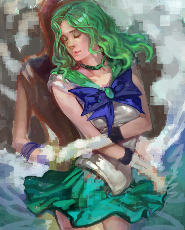 k-bose, kaiou michiru, sailor neptune, sailor uranus, ten'ou haruka, bishoujo senshi sailor moon, 1990s (style), 2girls, blue sailor collar, choker, closed eyes, gloves, green hair, holding hands, long hair, magical girl, multiple girls, outer senshi, realistic, sailor collar, wavy hair, white gloves