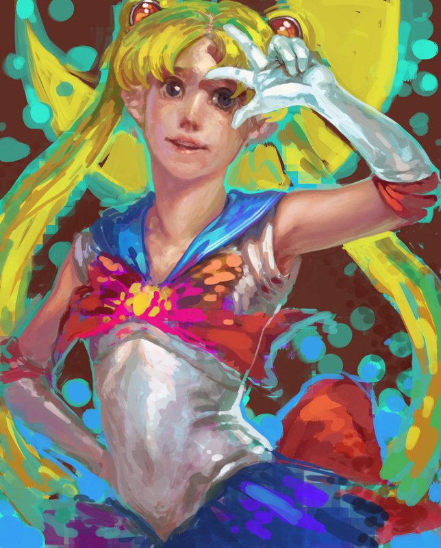 k-bose, sailor moon, tsukino usagi, bishoujo senshi sailor moon, 1990s (style), 1girl, blonde hair, blue eyes, blue sailor collar, blue skirt, bow, double bun, elbow gloves, female focus, gloves, hair bun, magical girl, realistic, red bow, retro artstyle, sailor collar, skirt, solo, twintails, v, white gloves