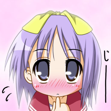 hiiragi tsukasa, lucky star, lowres, non-web source, 00s, 1girl, blue eyes, blush, bow, embarrassed, female focus, looking at viewer, no pupils, purple hair, school uniform, serafuku, short hair, solo, upper body, yellow bow