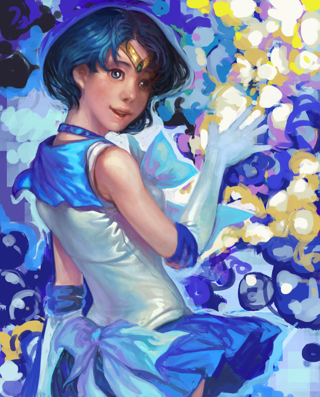 k-bose, mizuno ami, sailor mercury, bishoujo senshi sailor moon, 1990s (style), 1girl, blue eyes, blue hair, blue sailor collar, blue skirt, blue theme, choker, elbow gloves, female focus, gloves, looking back, magical girl, matching hair/eyes, realistic, retro artstyle, sailor collar, short hair, skirt, solo, tiara, white gloves