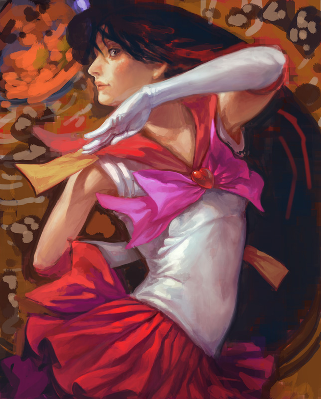 k-bose, hino rei, sailor mars, super sailor mars, bishoujo senshi sailor moon, md5 mismatch, 1990s (style), 1girl, armpits, between fingers, black hair, bow, brooch, elbow gloves, faux traditional media, female focus, gloves, heart, heart brooch, holding, jewelry, long hair, magical girl, no choker, ofuda, ofuda between fingers, profile, purple bow, realistic, red skirt, red theme, retro artstyle, skirt, sleeveless, solo, very long hair, white gloves