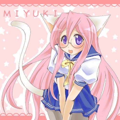 takara miyuki, lucky star, lowres, 00s, animal ears, cat ears, cat tail, glasses, pantyhose, pink hair, purple eyes, school uniform, serafuku, solo, tail