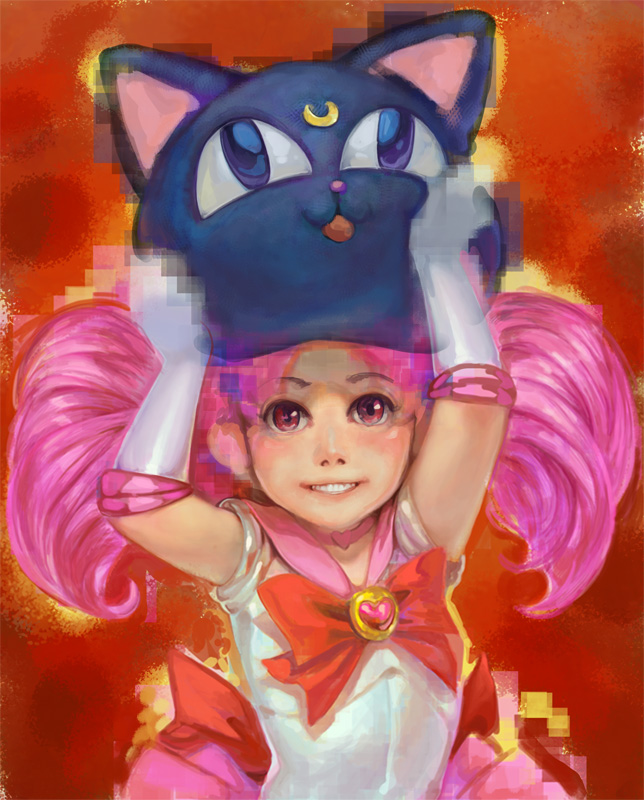 k-bose, chibi usa, luna-p, sailor chibi moon, bishoujo senshi sailor moon, bishoujo senshi sailor moon r, bishoujo senshi sailor moon s, 1990s (style), 1girl, brooch, child, choker, elbow gloves, female focus, gloves, heart, heart brooch, jewelry, magical girl, pink eyes, pink hair, pink theme, realistic, red background, retro artstyle, short twintails, solo, twintails