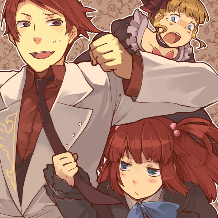 hanokage, beatrice (umineko), ushiromiya ange, ushiromiya battler, umineko no naku koro ni, 00s, 1boy, 2girls, blonde hair, blue eyes, blush, bow, brother and sister, frills, hair bobbles, hair ornament, jacket, multiple girls, necktie, red hair, siblings