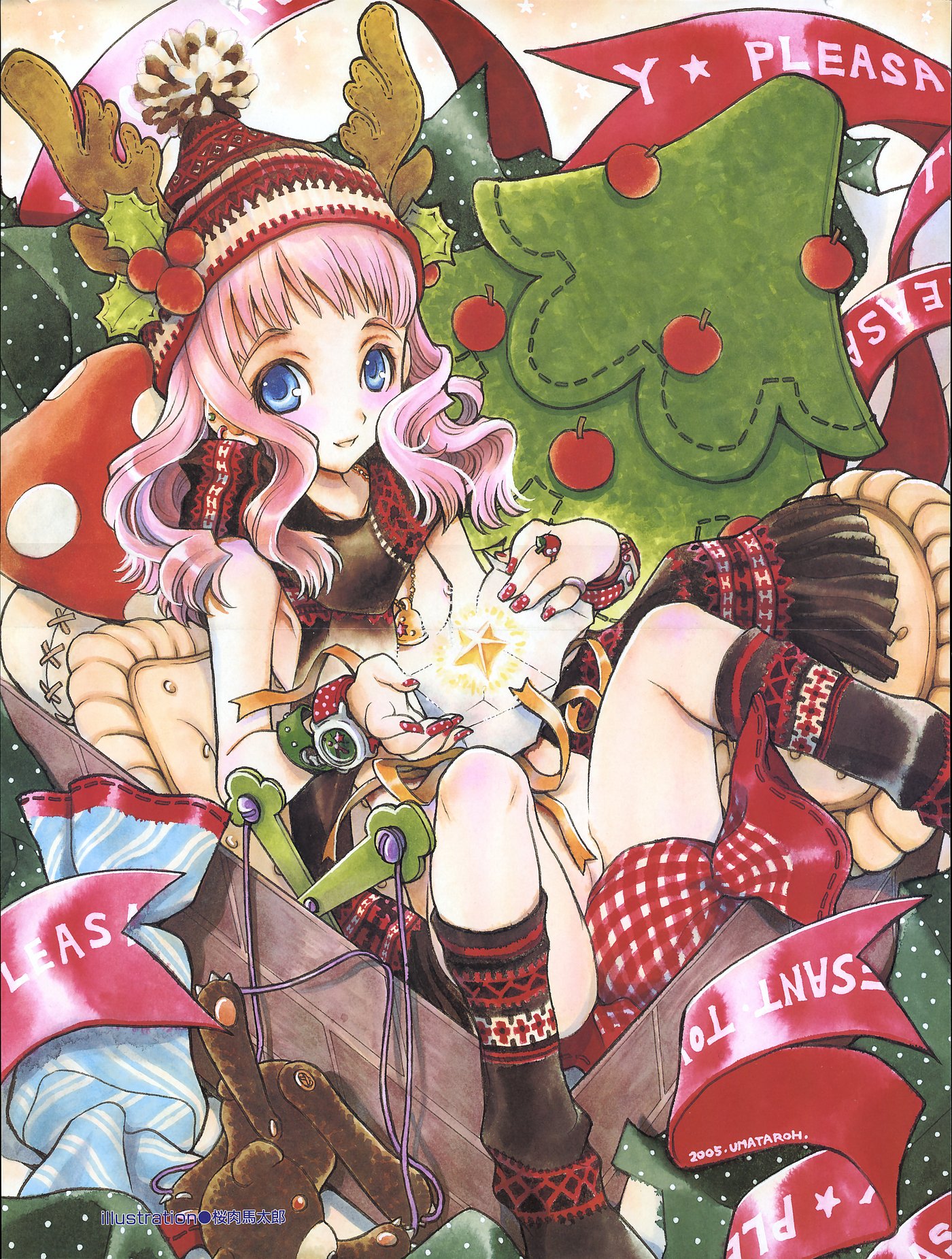 sakuraniku umatarou, comic aun, plaid, highres, scan, 00s, 1girl, 2005, :d, antlers, beanie, bell, black socks, blue eyes, blush, box, breasts, christmas, christmas ornaments, christmas tree, dutch angle, earrings, female focus, fingernails, flat chest, food, frilled pillow, frills, fruit, gift, glowing, hat, horns, in box, in container, jewelry, kneehighs, long fingernails, long hair, looking at viewer, lying, mushroom, nail art, nail polish, necklace, nipples, nude, open mouth, pillow, pink hair, polka dot, puppet, pussy, reclining, red nails, ribbon, ring, scarf, signature, smile, socks, solo, spread legs, star (symbol), strawberry, stuffed animal, stuffed toy, teddy bear, tree, uncensored, watch, wavy hair, wristband, wristwatch