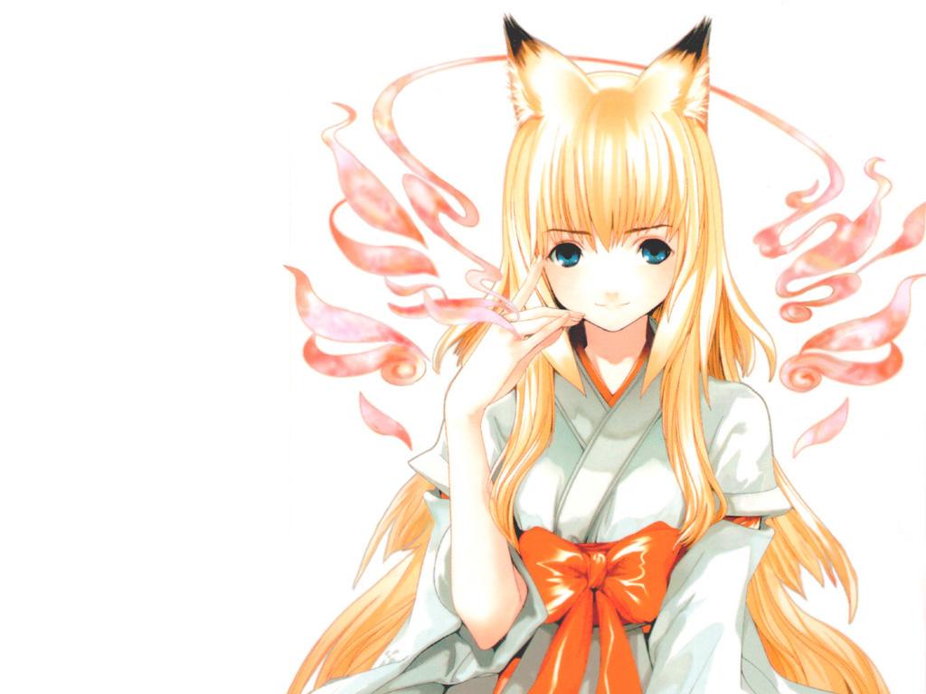 houden eizou, tenko kuugen, wagaya no oinari-sama, non-web source, 00s, animal ears, blonde hair, blue eyes, fire, fox ears, japanese clothes, kimono, long hair, miko, solo