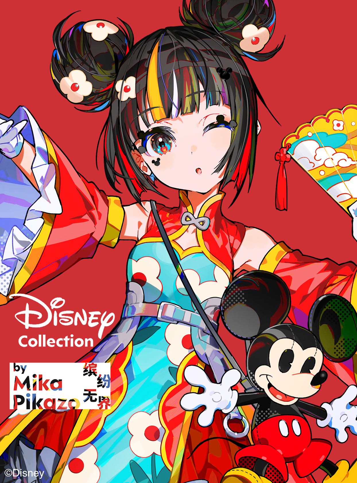 mika pikazo, mickey mouse, mickey mouse & friends, original, commentary request, highres, 1girl, ;d, animal, bare shoulders, bird, black hair, blonde hair, blue eyes, blush, bonsai, bug, butterfly, checkered floor, china dress, chinese clothes, detached sleeves, double bun, dress, egasumi, floral print, flower, folding fan, frilled sleeves, frills, gloves, hair bun, hand fan, head tilt, holding, holding fan, insect, long sleeves, multicolored hair, one eye closed, open mouth, pantyhose, parted lips, pink background, print dress, print pantyhose, red dress, red flower, red hair, red shoes, red sleeves, shoes, short hair, sleeveless, sleeveless dress, smile, solo, standing, standing on one leg, streaked hair, table, white gloves, white pantyhose, wide sleeves