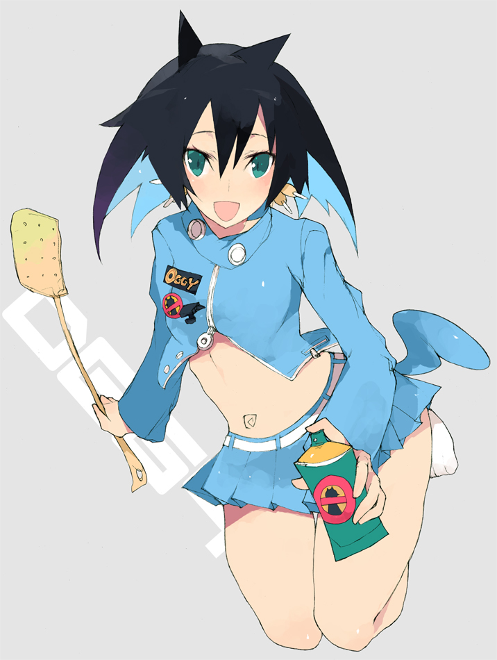 brws, black hair, borrowed character, flyswatter, green eyes, holding, holding spray can, legs, midriff, short hair, skirt, solo, spray can