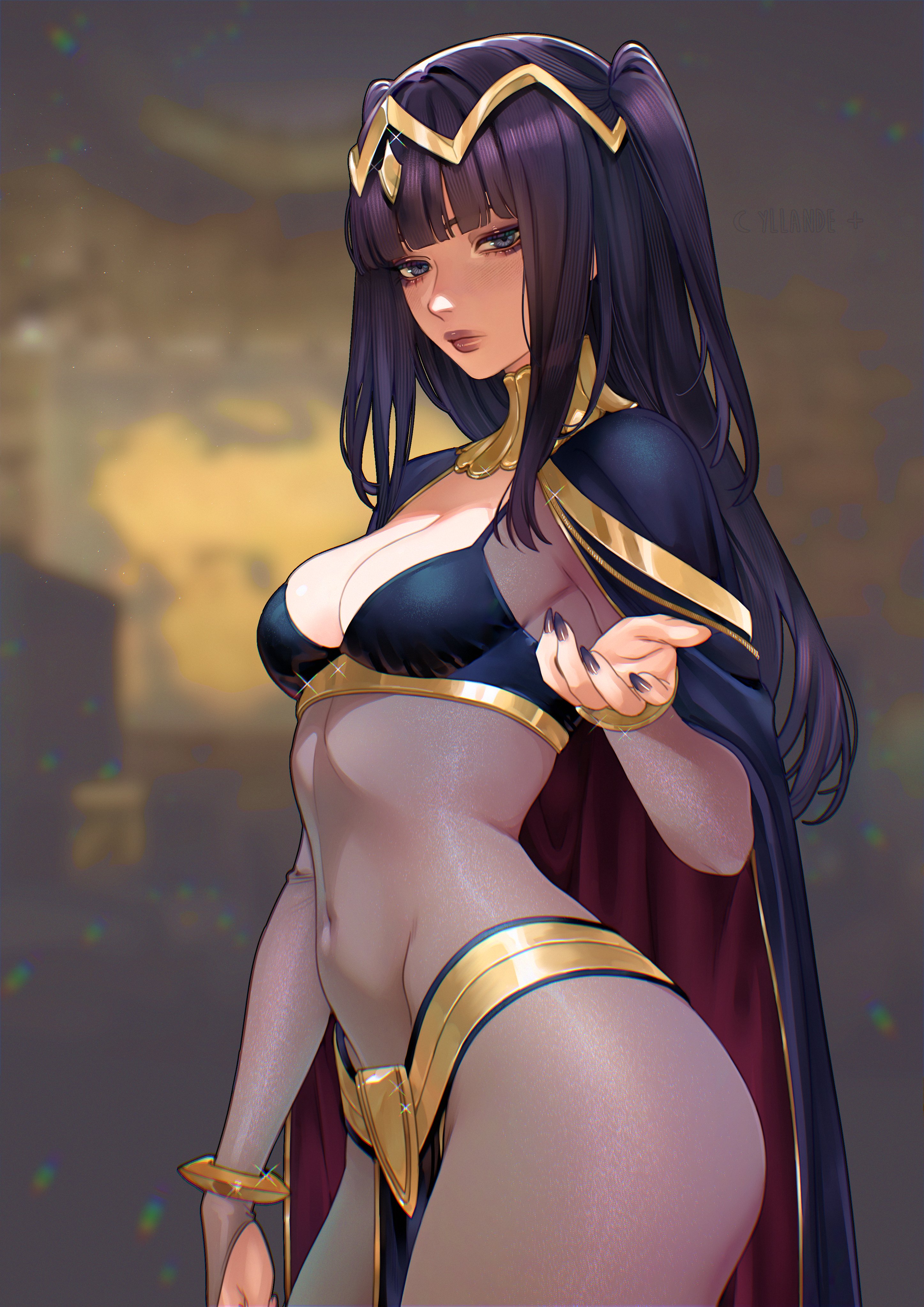 yiiande, tharja (fire emblem), fire emblem, fire emblem awakening, nintendo, absurdres, highres, 1girl, black hair, black nails, blunt bangs, blurry, blurry background, bodystocking, bracelet, breasts, bridal gauntlets, cape, circlet, cleavage, covered navel, hand up, indoors, jewelry, looking at viewer, medium breasts, nail polish, pelvic curtain, reaching, reaching towards viewer, solo, thighs, tiara