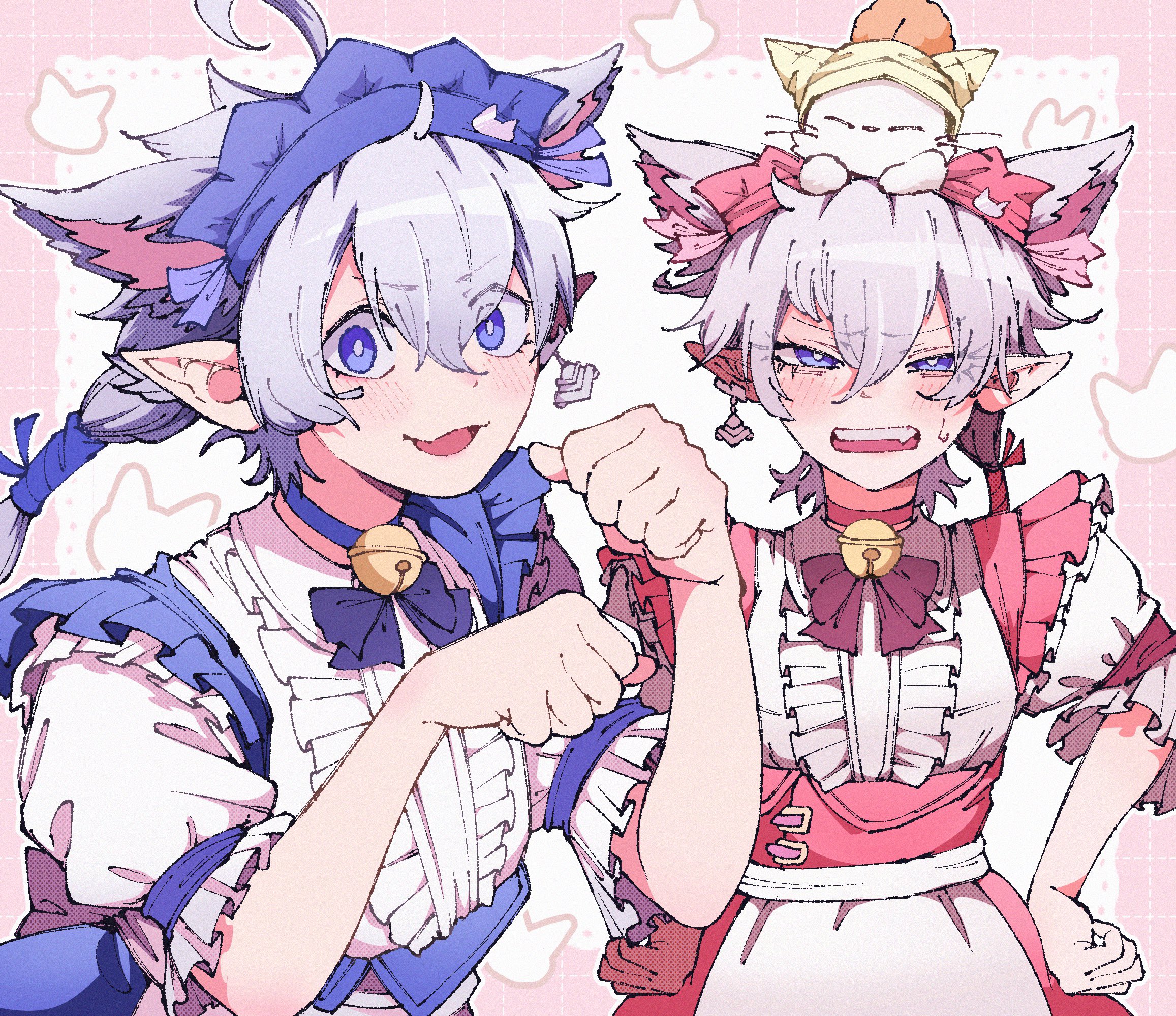 yukaocchi, alisaie leveilleur, alphinaud leveilleur, moogle, final fantasy, final fantasy xiv, highres, 1boy, 1girl, alternate costume, animal ears, apron, bell, blue bow, blue bowtie, blue choker, blue eyes, border, bow, bowtie, bright pupils, brother and sister, cat ears, center frills, choker, creature, creature on head, crossdressing, crossdressing (mtf), earrings, elezen, elf, enmaided, eyes visible through hair, fang, frilled sleeves, frills, frown, hair ribbon, hand on own hip, hands up, jewelry, kemonomimi mode, looking at viewer, maid, maid headdress, neck bell, open mouth, outside border, paw pose, pink border, pointy ears, red bow, red bowtie, red choker, ribbon, siblings, single earring, sweatdrop, twins, upper body, white apron, white background, white hair, white pupils