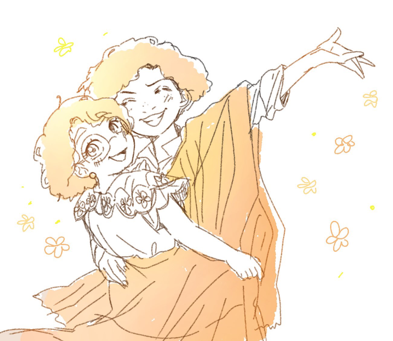 camilo madrigal, mirabel madrigal, encanto, 1boy, 1girl, afro, azumayayaya, brown eyes, brown hair, colombian clothes, cousins, curly hair, earrings, hourglass print, implied incest, jewelry, poncho, shirt, short hair, simple background, smile, white shirt, yellow poncho