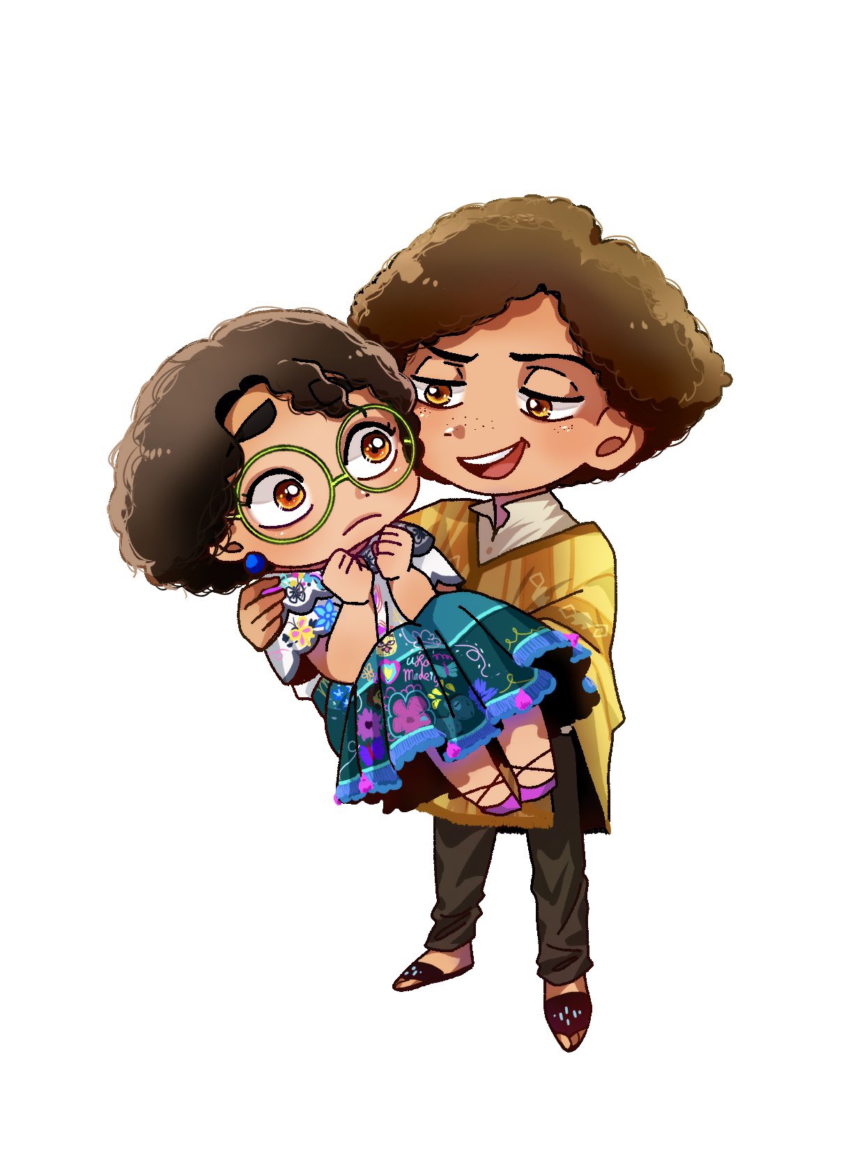 camilo madrigal, mirabel madrigal, encanto, highres, 1boy, 1girl, afro, azumayayaya, brown eyes, brown hair, colombian clothes, cousins, curly hair, dark-skinned female, dark-skinned male, dark skin, earrings, floral print, implied incest, jewelry, poncho, shirt, short hair, simple background, smile, white shirt, yellow poncho