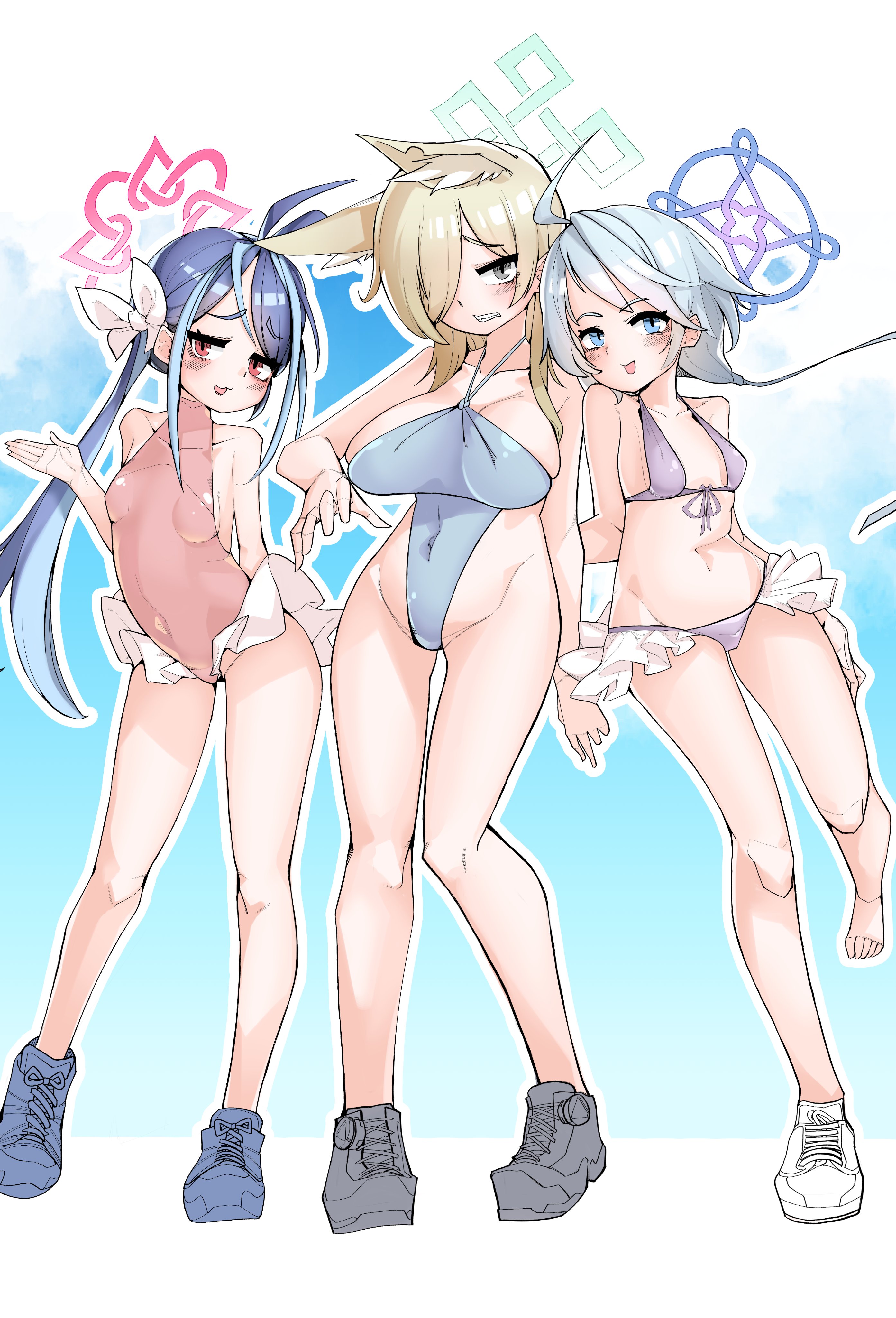 dthmns, fubuki (blue archive), kanna (blue archive), kirino (blue archive), blue archive, absurdres, highres, 3girls, ahoge, alternate costume, animal ears, bikini, blonde hair, blue eyes, blue hair, blue halo, braid, breasts, cleavage, covered navel, dog ears, dog girl, full body, halo, large breasts, long hair, looking at viewer, multicolored hair, multiple girls, navel, open mouth, side-by-side, sideboob, simple background, small breasts, swimsuit, tongue, tongue out, white hair